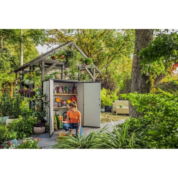 Keter Premier Tall Vertical Resin Durable Outdoor Storage Shed With Floor for Patio Furniture and Tools, Grey