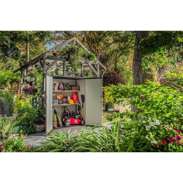 Keter Premier Tall Vertical Resin Durable Outdoor Storage Shed With Floor for Patio Furniture and Tools, Grey