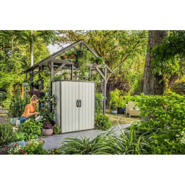 Keter Premier Tall Vertical Resin Durable Outdoor Storage Shed With Floor for Patio Furniture and Tools, Grey