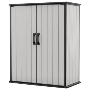 Keter Premier Tall Vertical Resin Durable Outdoor Storage Shed With Floor for Patio Furniture and Tools, Grey