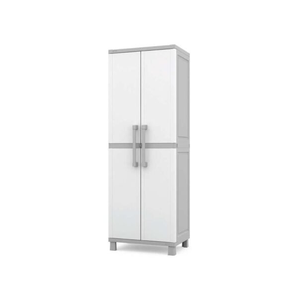 Keter Utility Garage Vertical Resin Home Storage Cabinet with lockable Doors and Shelves Ideal for Organization and Tools, White