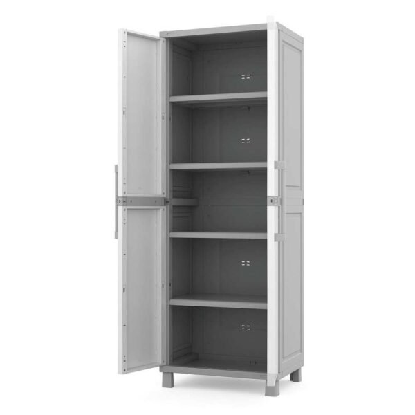 Keter Utility Garage Vertical Resin Home Storage Cabinet with lockable Doors and Shelves Ideal for Organization and Tools, White