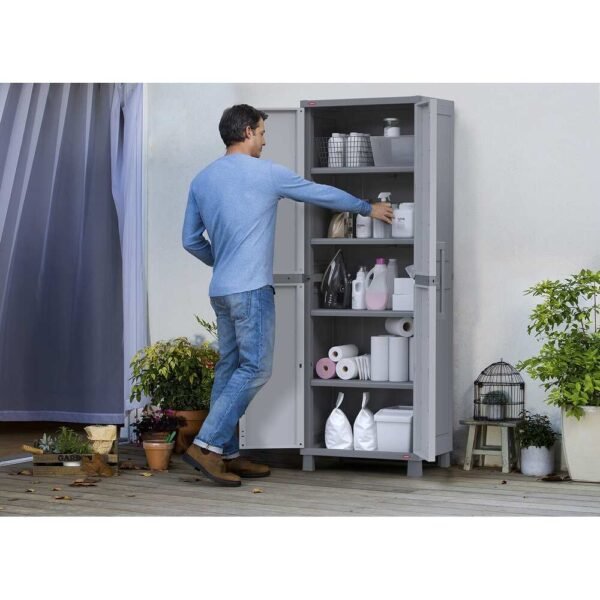 Keter Utility Garage Vertical Resin Home Storage Cabinet with lockable Doors and Shelves Ideal for Organization and Tools, White