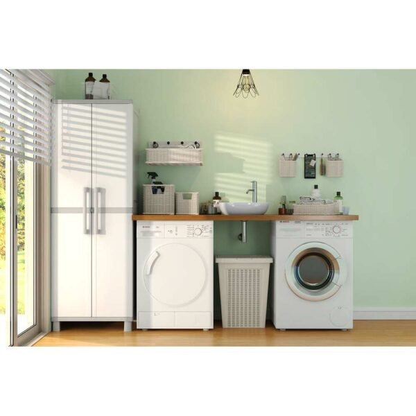Keter Utility Garage Vertical Resin Home Storage Cabinet with lockable Doors and Shelves Ideal for Organization and Tools, White