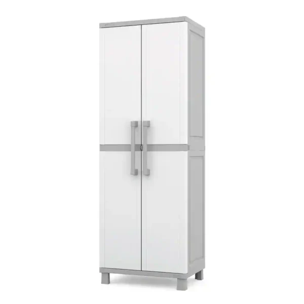 Keter Utility Garage Vertical Resin Home Storage Cabinet with lockable Doors and Shelves Ideal for Organization and Tools, White